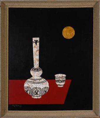 an image of a painting of a vase and a bowl on a table