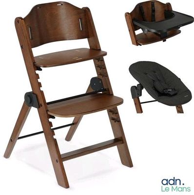 a wooden high chair with a black seat and a brown high chair