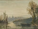 painting of a view of a river with a boat and a city in the distance