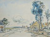 tableau représentant une route de campagne avec une maison et des arbres en arrière-plan