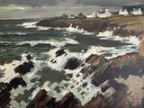 une peinture à l'huile représentant des vagues qui se brisent sur une plage rocheuse