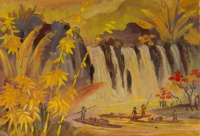 un tableau représentant un homme dans un bateau près d'une cascade