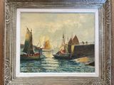 an oil painting of a harbor scene with sailboats in the water
