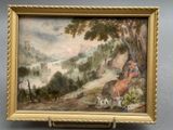 an old painting of a man and a dog in a wooded landscape