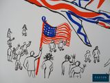 drawing of a group of people holding an american flag in front of a crowd of elephants