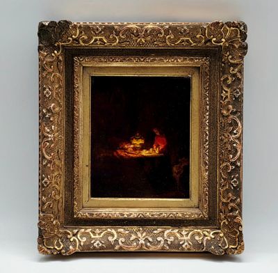 une peinture à l'huile représentant un homme et une femme dans un panier posé sur une table