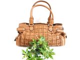 leather handbag on a white background with a plant in the foreground