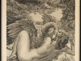 an image of a black and white drawing of a woman laying on the ground with a bird in her hand