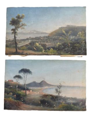 two paintings of a view of a town and a mountain