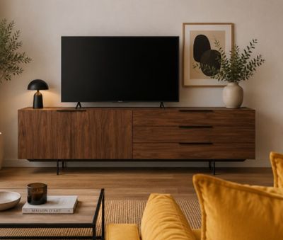 un téléviseur posé sur un meuble dans un salon