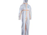 a white coverall with orange trims and a hood