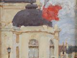 an oil painting of a building with a flag on top of it