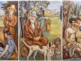 trois tableaux représentant des hommes et des femmes assis sur un banc à côté d'un chien