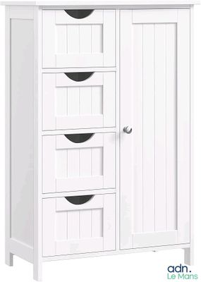 the white wooden cabinet has four drawers and a door