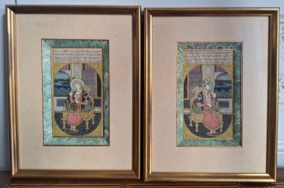 two framed pictures of a man and a woman sitting on a bench