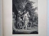 a black and white image of a book with a painting on it
