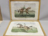 deux reproductions encadrées représentant des chevaux et des jockeys en pleine course dans un champ