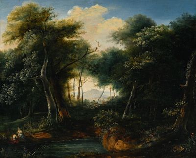 tableau représentant un paysage boisé avec une rivière et des personnages au premier plan