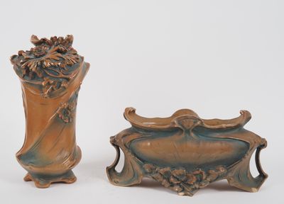Vase et jardinière Art Nouveau en céramique ocre et bleue, d…