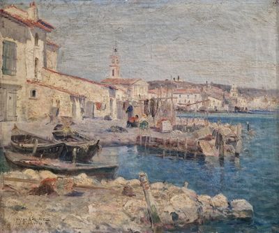 tableau représentant une scène portuaire avec des bateaux et des bâtiments en arrière-plan