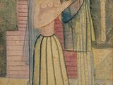 un vieux tableau représentant une femme tenant un voile au-dessus de sa tête