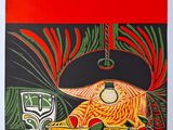a red book cover with a painting of a vase and fruit on it