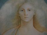 painting of a woman with long white hair wearing a white dress