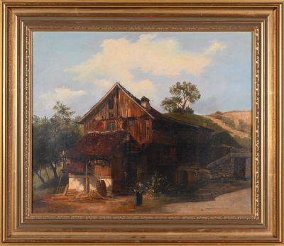 une peinture à l'huile représentant une grange devant laquelle se tient un homme