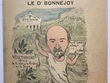 an old book with a drawing of a man in a white shirt