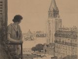 drawing of a woman sitting on a balcony looking out over a city
