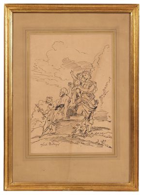 an image of a drawing of a man on a horse with a dog