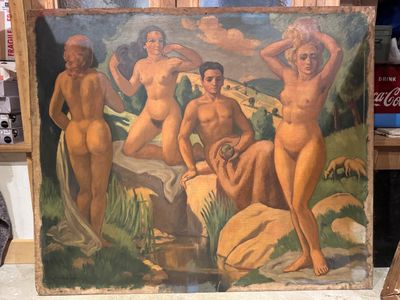 un tableau représentant un groupe de nus dans une pièce