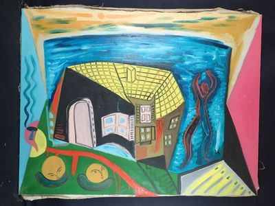 a painting on the wall of a room with a painting on it