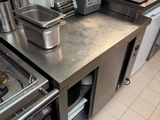 stainless steel counter top in a commercial kitchen with pots and pans on it
