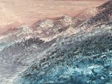 painting of a painting of a mountain range with a body of water in the foreground