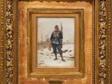 a painting of a man holding a rifle in a snowy landscape