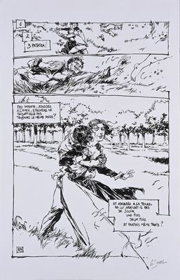 an ink drawing of a woman in a park with a bird flying over her head