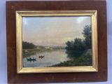 une image d'une peinture représentant une scène de rivière avec un bateau dans l'eau
