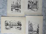 trois dessins en noir et blanc sur un papier peint bleu et blanc