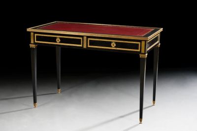 an image of a desk with two drawers and a red top