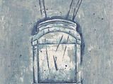 painting of a mason jar with needles on it on a blue background