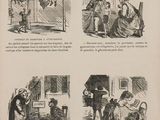 four illustrations of people in a living room, one of which is sitting on a chair and the other of which is standing on a chair