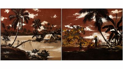 two paintings of people on a boat in a lake with palm trees in the background