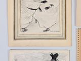three drawings of people and a bird are hanging on a wall