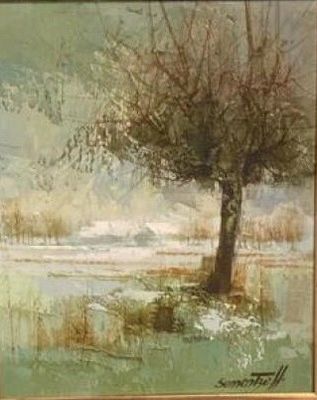 un tableau représentant un arbre dans la neige au bord de l'eau