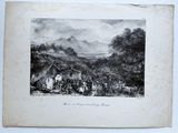 un dessin en noir et blanc représentant un village avec une montagne en arrière-plan