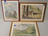 trois aquarelles encadrées représentant des arbres et une rivière