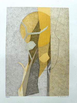 une image représentant un tableau d'un arbre aux feuilles jaunes