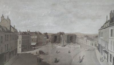 a painting of a view of a city from a window