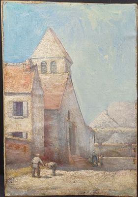 une peinture à l'huile représentant un bâtiment devant lequel se trouve une calèche